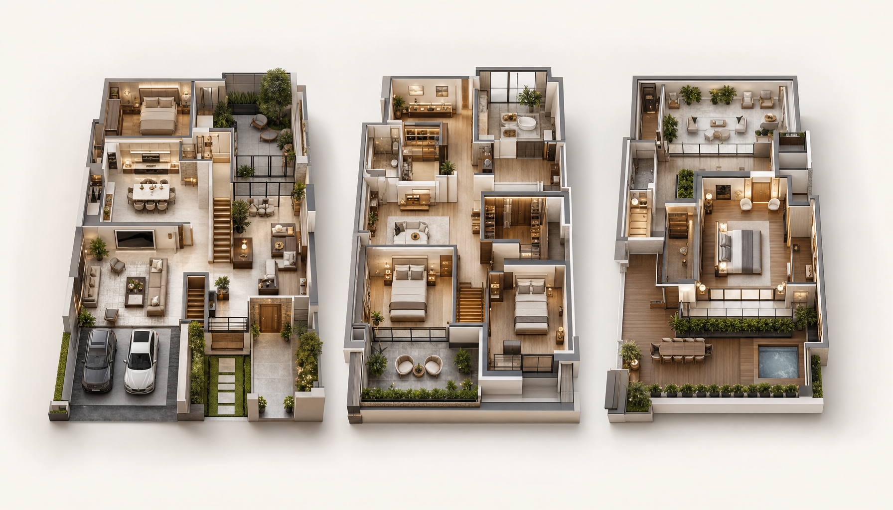 Isometric floor plan - ground, first and second floors